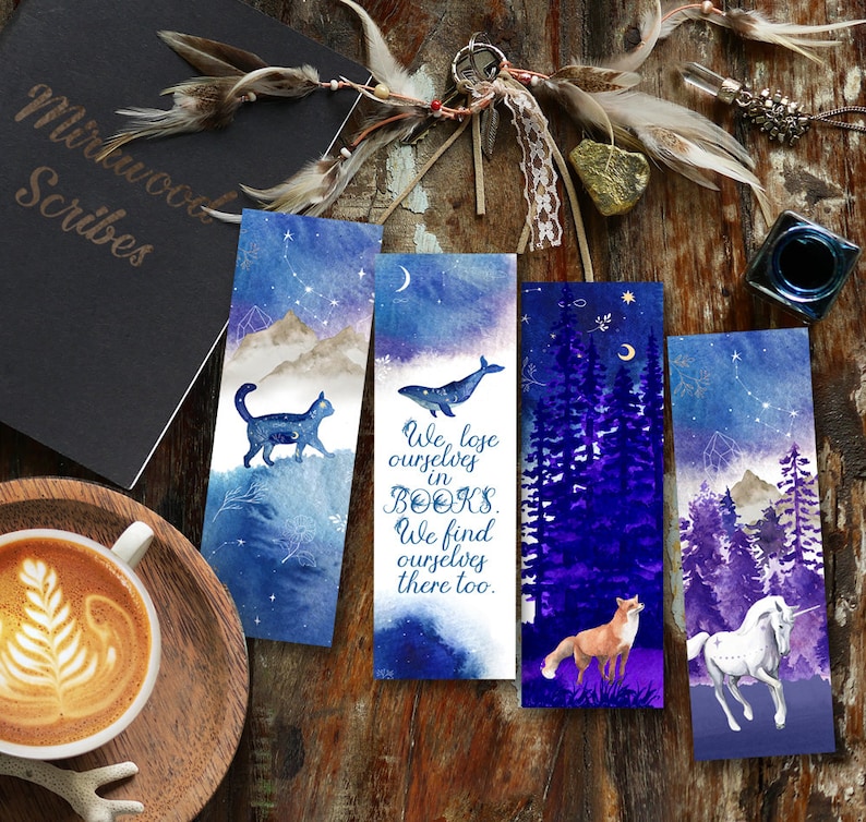 Galaxy Animals Printable Celestial Bookmark Set, Cat and Unicorn Zodiac Bookmarks image 1