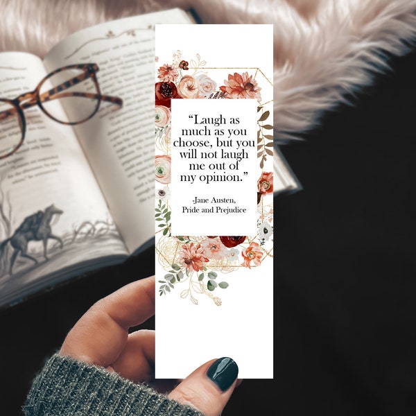 Pride & Prejudice Quote Bookmark, Jane Austen Literary Floral Set of Bookmarks, Book Lover Gift under 5, Small Gifts