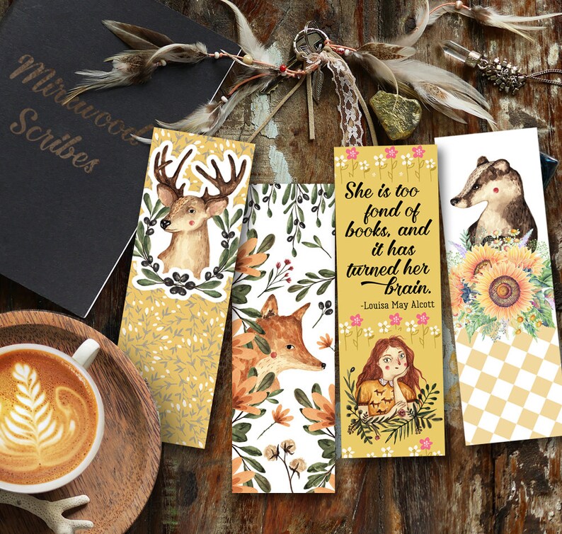 Louisa May Alcott Quote Bookmark, Bookworm Gift, Yellow Floral Bookmark, Ze is te dol op boeken en het heeft haar hersenen veranderd Set of 4 Bookmarks