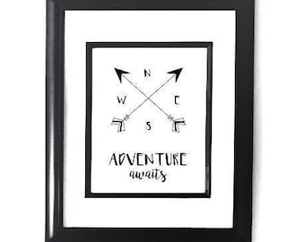 Wall Art | ADVENTURE AWAITS | Arrow | Compass | Room Decor | Instant Download