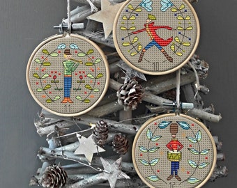 12 DAYS of CHRISTMAS (3). Tree Ornaments / baubles Set of 4 - PDF Cross stitch chart / pattern - Instant download.