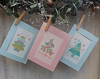 Fun Festive Trees -  Christmas Cross Stitch Card designs. Set of 3 - PDF Cross stitch chart / pattern - Instant download.