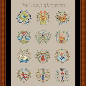 Op de afbeelding: Een kruissteekpatroon met de 12 dagen van Kerstmis. Elke dag wordt weergegeven door een kleurrijk, cirkelvormig ontwerp met een ander motief, zoals een patrijs, twee tortelduiven en een hen. Het patroon is op een beige achtergrond met de tekst "The 12 days of Christmas" bovenaan.
