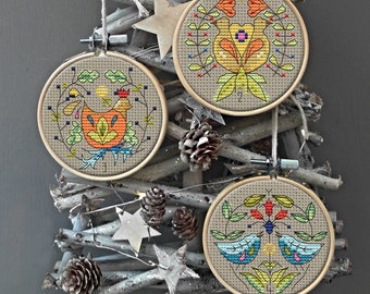 12 DAYS of CHRISTMAS (1). Tree Ornaments / baubles. Set of 4 - PDF Cross stitch chart / pattern - Instant download.