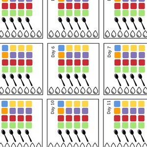 Puede incluir: Un gráfico de plan de comidas de 21 días con una cuadrícula codificada por colores para cada día. El gráfico está titulado "21 Day Plan - Level 2 Intake - 1500-1799 Calories".