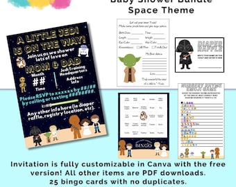 Space Baby Shower Bundle: Customizable Invitation, Bingo, Raffle (PDF Printables)