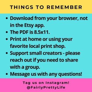 Op de afbeelding: Een turquoise en roze afbeelding met de tekst "THINGS TO REMEMBER" in zwart. De tekst hieronder bevat instructies voor het downloaden, afdrukken en ondersteunen van kleine makers. De afbeelding bevat ook de tekst "Tag us on Instagram! @FairlyPrettyLife".