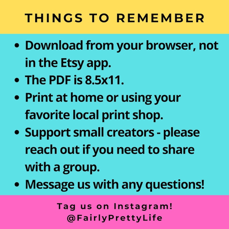 Op de afbeelding: Een turquoise en roze afbeelding met de tekst "THINGS TO REMEMBER" in zwart. De tekst hieronder bevat instructies voor het downloaden, afdrukken en ondersteunen van kleine makers. De afbeelding bevat ook de tekst "Tag us on Instagram! @FairlyPrettyLife".
