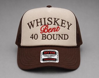 Whiskey Bent 40 Bound Retro Trucker Hat, Embroidered Mesh Cap, Otto Cap, Camo & Brown, Summer Girls' Night Out, Statement Hat