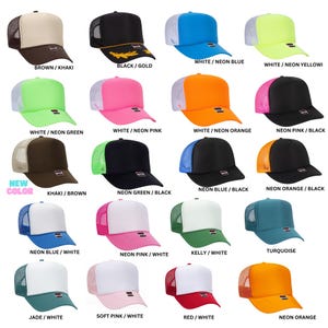 May include: A collection of twenty trucker hats in various color combinations, including solid colors and two-tone designs with mesh back panels. Each hat features a structured front crown, a curved brim, and a small rectangular label on the brim.