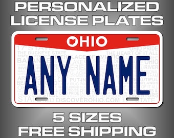 Personalized Ohio Souvenir License Plates - 5 Sizes for toy cars, wagons, bikes, scooters, Key Rings (Ver 3) Choose size and Text