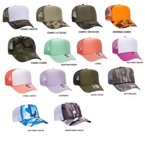 May include: A collection of thirteen trucker hats in various colorways including camo, white, olive, orange, seafoam green, coral, hot pink, lavender, black, and blue. Each hat features a mesh back, a foam front panel, and a curved brim with a sticker.