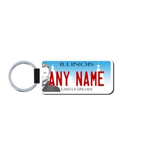 Personalized ILLINOIS License Plate Faux Leather Key Ring - Any Name - Made to Order - Free Shipping