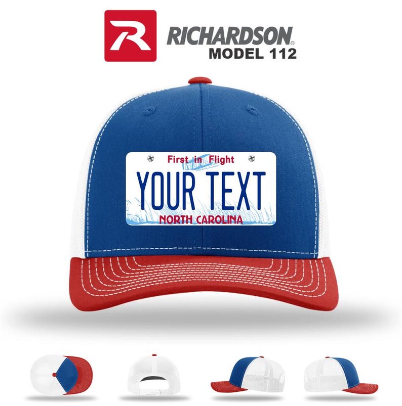 May include: A Richardson Model 112 trucker hat with a blue crown, white mesh back, and red brim. The hat features a license plate design with the text "YOUR TEXT" and "NORTH CAROLINA". The top of the hat has a red button.