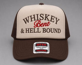 Whiskey Bent and Hell Bound Retro Trucker Hat | Embroidered Mesh Cap | OTTO Cap 5 Panel High Crown | Camo & Brown Summer Girls' Night Out