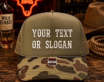 Your Text or Phrase Custom Embroidered Camo Trucker Hat / Cap - Made to order. Choose your font, text and cap color.