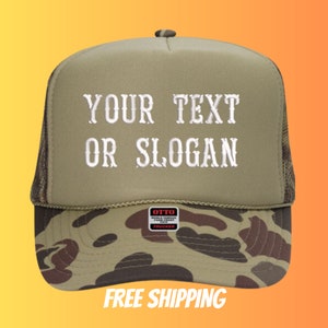 Your Text or Phrase Custom Embroidered Camo Trucker Hat / Cap - Made to order. Choose your font, text and cap color.