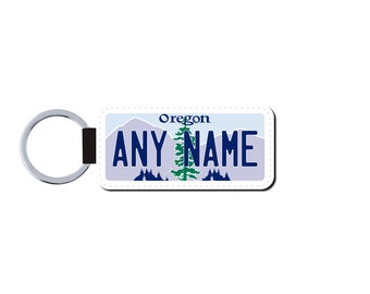 Personalized OREGON License Plate Faux Leather Key Ring - Any Name - Made to Order - Free Shipping