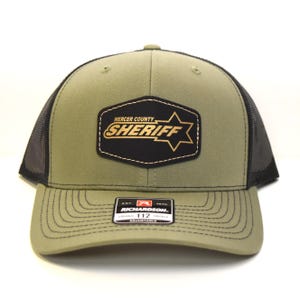 Personalized Sheriff's Trucker Hat | Richardson 112 | Your Department Name | Laser Engraved Faux Leather Hex Shape Black Patch-Gold Text