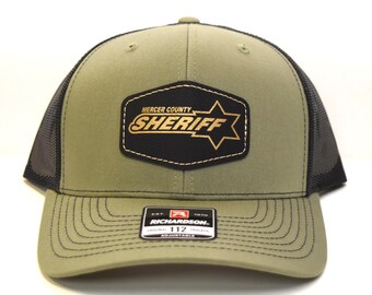 Personalized Sheriff's Trucker Hat | Richardson 112 | Your Department Name | Laser Engraved Faux Leather Hex Shape Black Patch-Gold Text
