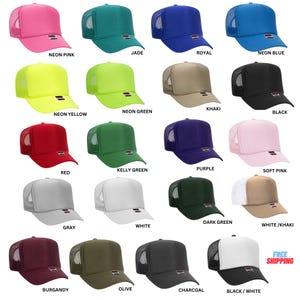 May include: A collection of twenty trucker hats in various solid colors including neon pink, jade, royal blue, neon yellow, neon green, khaki, black, red, kelly green, purple, soft pink, gray, white, dark green, white and khaki, burgundy, olive, charcoal, and black and white.