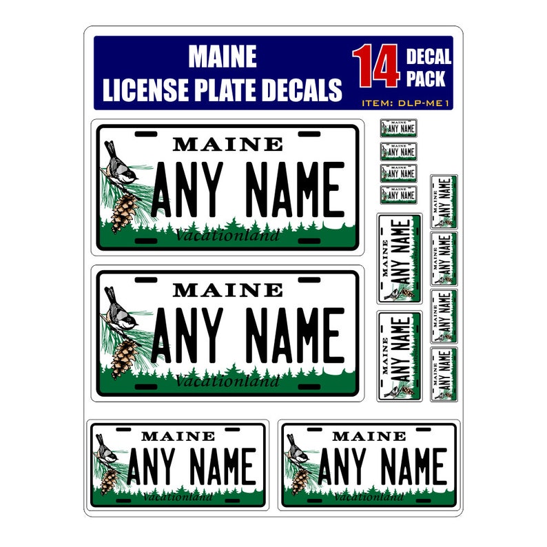 Personalized Maine License Plate Decals Stickers Version 1 Sheet of 14