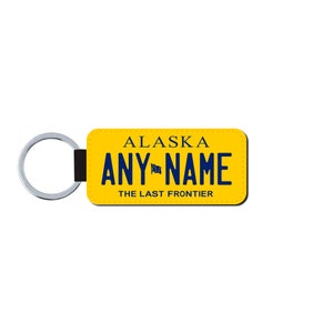 Personalized Alaska License Plate Faux Leather Key Ring - Any Name - Made to Order - Free Shipping