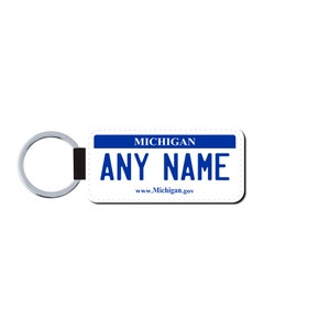 Personalized MICHIGAN License Plate Faux Leather Key Ring - Any Name - Made to Order - Free Shipping