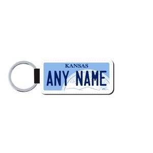 Personalized KANSAS License Plate Faux Leather Key Ring - Any Name - Made to Order - Free Shipping