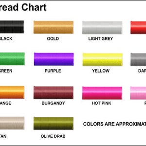 May include: An embroidery thread chart featuring twenty-one color samples arranged in a grid. Each sample is labeled with its corresponding color name, including white, black, gold, light grey, red, navy blue, royal blue, green, purple, yellow, dark grey, brown, light blue, orange, burgandy, hot pink, pink, dark green, teal, tan, and olive drab.