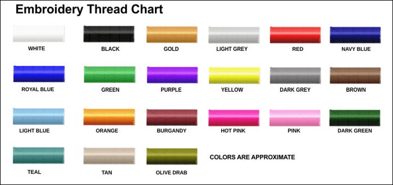 May include: An embroidery thread chart featuring twenty-one color samples arranged in a grid. Each sample is labeled with its corresponding color name, including white, black, gold, light grey, red, navy blue, royal blue, green, purple, yellow, dark grey, brown, light blue, orange, burgandy, hot pink, pink, dark green, teal, tan, and olive drab.