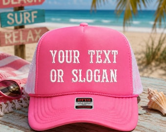 Your Text or Phrase Custom Embroidered Trucker Hat / Cap - Made to order. Choose your font, text and cap color.