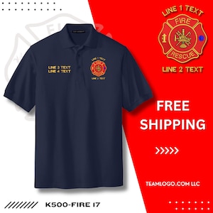 May include: Navy blue polo shirt with a fire rescue emblem on the chest. The emblem is red, gold, and blue, with text that reads "LINE 1 TEXT" and "LINE 2 TEXT". The shirt also has text that reads "LINE 3 TEXT" and "LINE 4 TEXT".