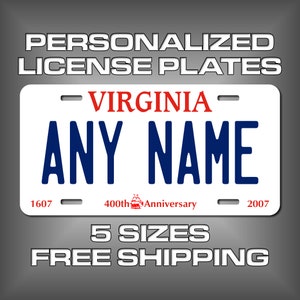 Personalized Virginia Souvenir License Plates - 5 Sizes for toy cars, wagons, bikes, scooters, Key Rings (Ver 1) Choose size and Text