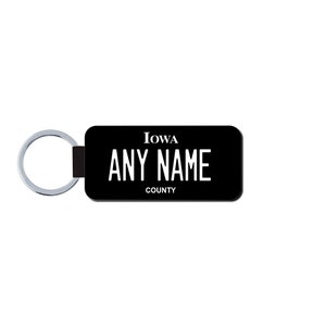 Personalized IOWA License Plate Faux Leather Key Ring - Any Name - Made to Order - Free Shipping