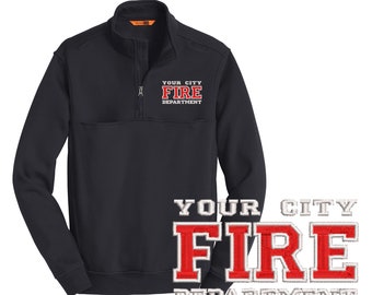 May include: A navy blue quarter-zip sweatshirt with a patch on the left chest that reads "YOUR CITY FIRE DEPARTMENT" in white and red lettering.