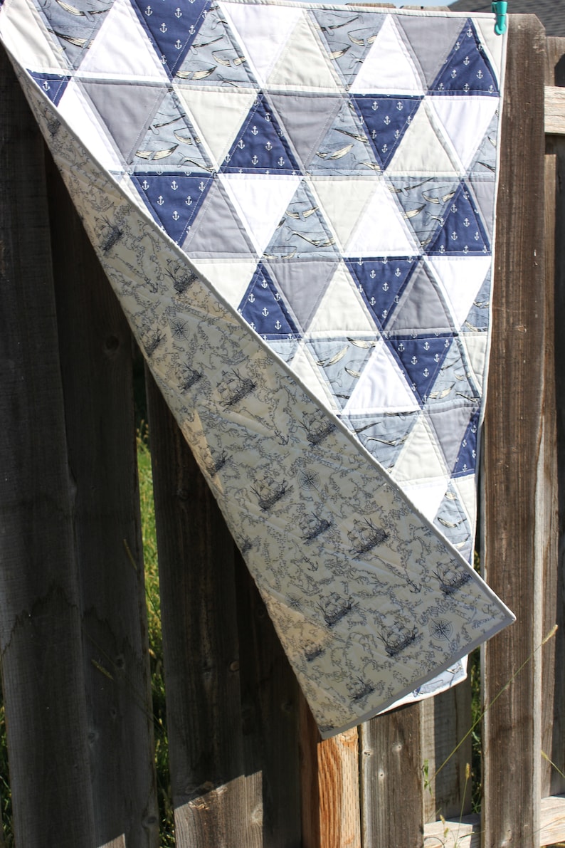 and Sea themed Baby Boys Quilt! Anchor Modern Boys Baby Quilt Blue Gray Whale Nautical Baby Boys Quilt White Triangle Quilt