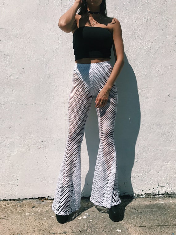 white fishnet flare pants