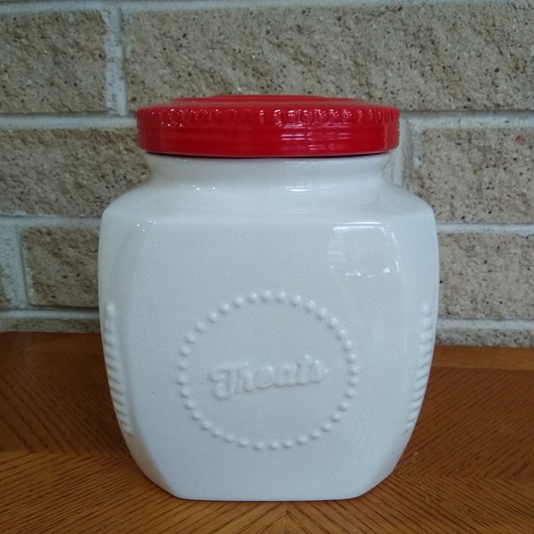 Vintage Cookie Jar SCM Home Stoneware  TREATS Jar - White with Red Lid - Canister -Doggie Treats - Kitchen Storage and Decor