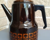 West Bend Le Provencal Coffee Pot - Brown Enamelware Coffee Pot with Spade Mushroom Design - Vintage 1970 39 s Kitchen - Retro Cool