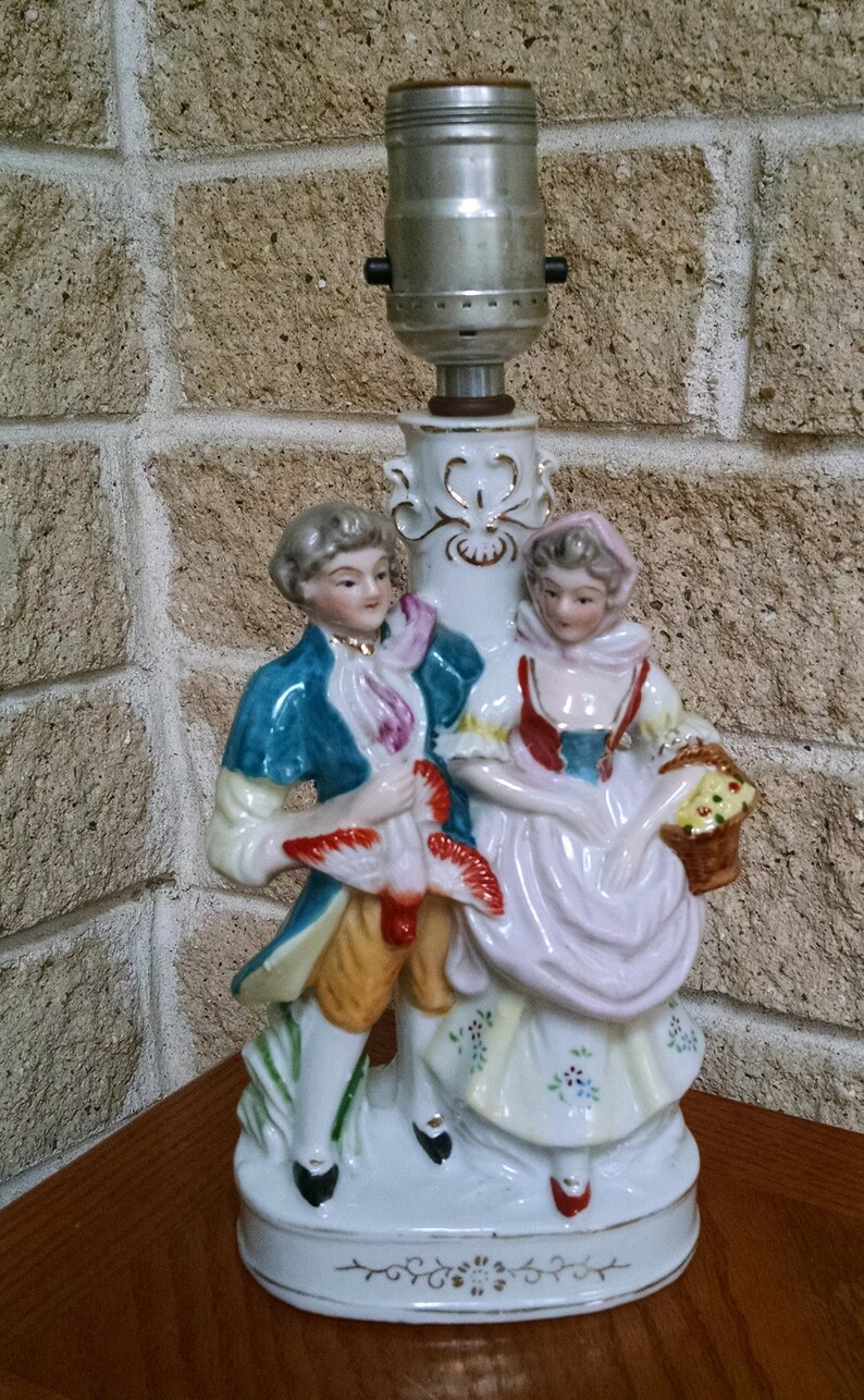 Occupied Japan Figurine Table Lamp French Colonial Couple Hand Painted Porcelain Accent Mid Century Boudoir Decor Vintage