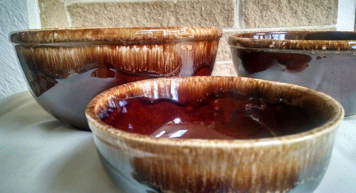 Kathy Kale Brown Drip Glaze Mixing Bowl Set Nesting Pottery Etsy