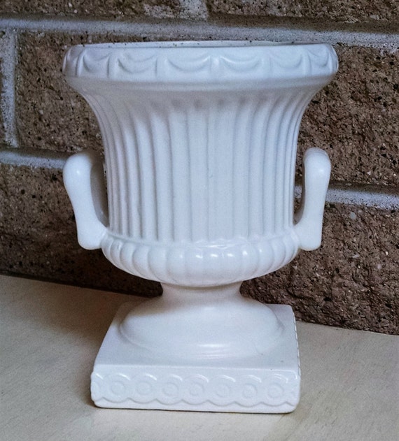Items similar to White Ceramic Footed Urn Vase Planter with Intricate