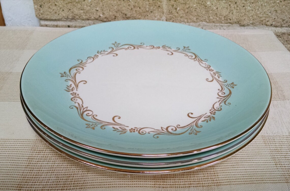 Lifetime China Gold Crown 10 Inch Dinner Plates Turquoise/Aqua Etsy