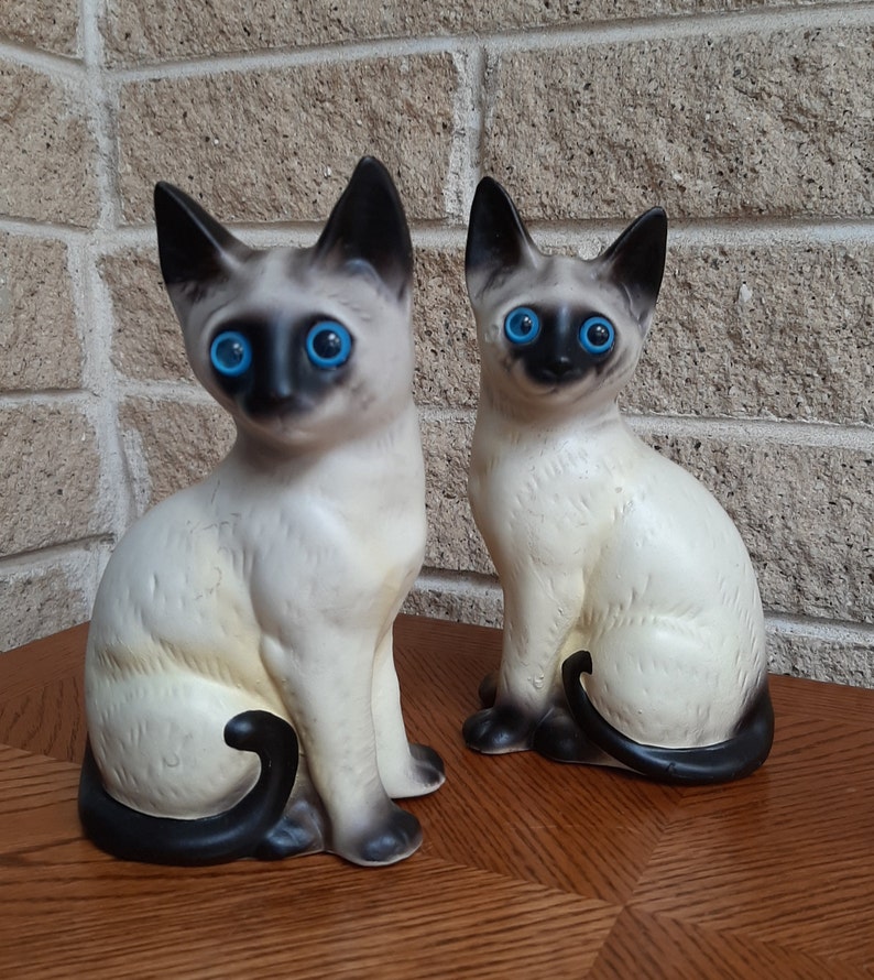 Mid Century Feline Figurines Set of 2 Vintage Ceramic Cats with Blue