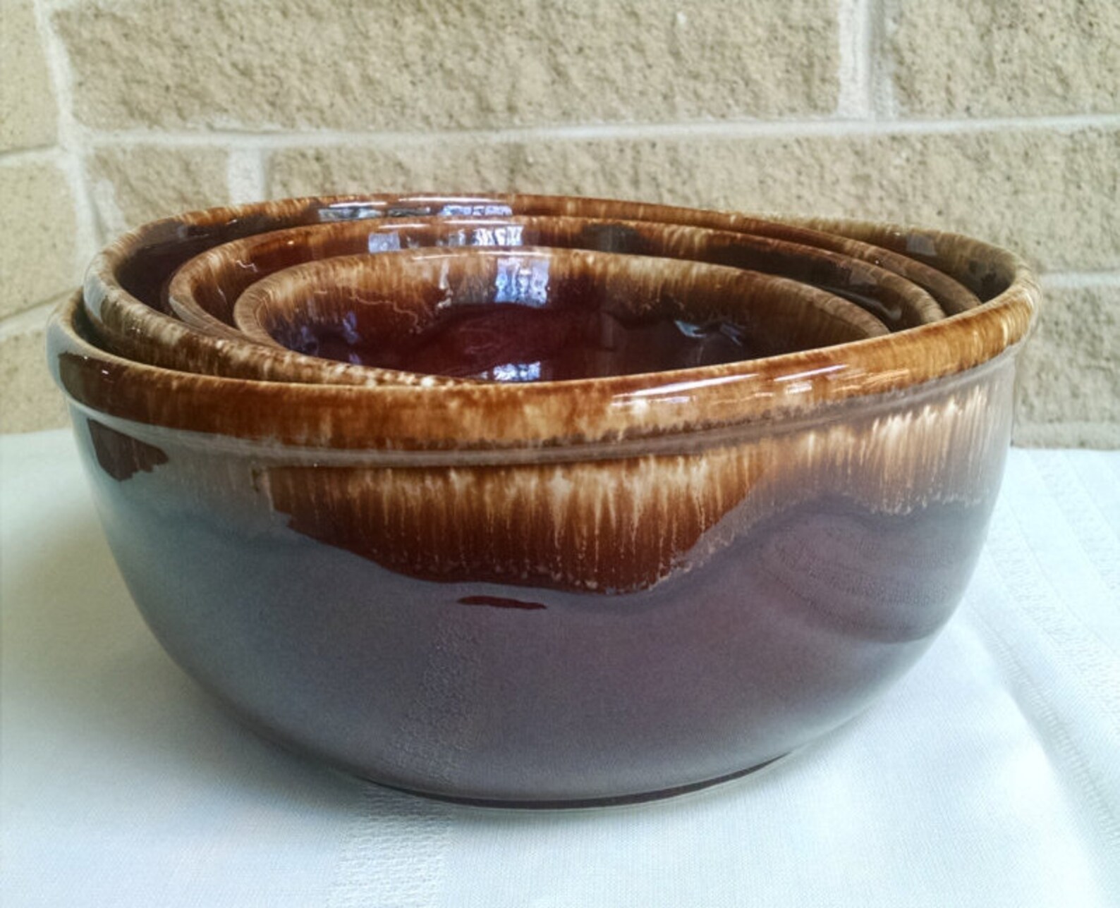 Kathy Kale Brown Drip Glaze Mixing Bowl Set Nesting Pottery Etsy