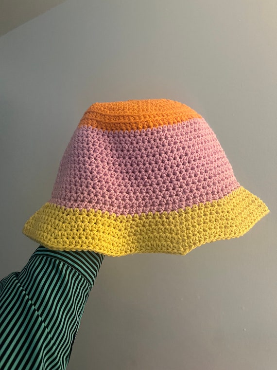 Bucket Hat Crochet with Pink &  Orange Accents Handmade Hand Crochet Ckeckered Pink&Orange Bucket Hat  main image 4