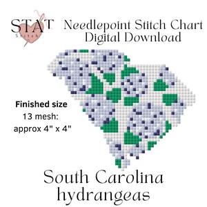 May include: Digital needlepoint stitch chart featuring a pixelated design of the South Carolina state shape with green and blue accents. The finished size is approximately 4" x 4". The text reads "South Carolina hydrangeas".