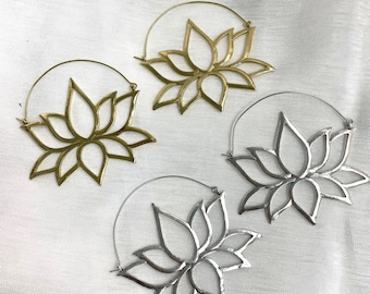 Yeggua Lotus Earrings Tribal, Boho, Ethnic, Hoops, Brass, Lotus flower