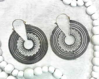 Lan Hoops, Brass, Silver,Mandala Earrings, Ethnic Earrings,Tribal Gold Brass,Boho Jewelry, Bohemian Earrings,Gift for Women